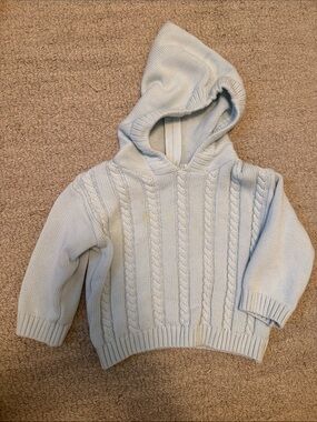 Zip back Hooded Cable Knit Sweater - Light Blue